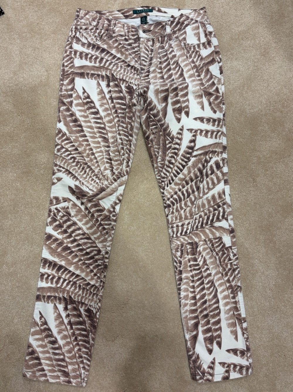 Ralph Lauren Brown and White Feather Print Straight Leg Pants